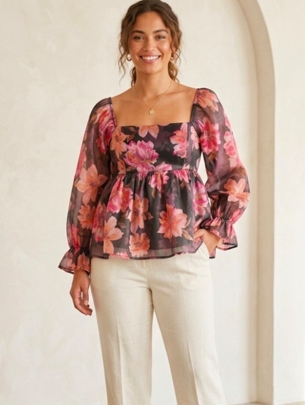 Thirty/Thirty Babydoll Puff Sleeve Floral Lined Top